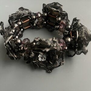 Black Stretchy Bracelet Mesh Flowers Clear Stone Beads Chunky Party Event Bold